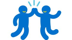 Icon von zwei Personen, die springen und sich dabei in die Hände klatschen. Es steht für Unterstützung und Teamwork.