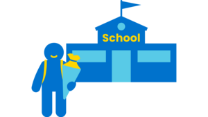 Icon von einem Kind, das einen Rucksack und eine Schultüte trägt und vor einer Schule steht.