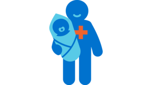 Icon einer Person mit rotem Kreuz auf der Brust, die Baby auf dem Arm trägt. Es steht für Krankenschwestern und Hebammen.