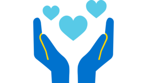 Icon von zwei Händen, die nach oben zeigen und über denen sich Herzen befinden. Es steht für Werte.