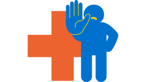 Icon einer Person vor einem Kreuz. Die Person hält die rechte Hand abwehrend als Stopp-Geste nach vorne. Es steht für unseren Wirkungsbereich sexuelle und reproduktive Gesundheit und Rechte.