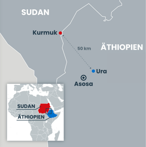 Auf einer Landkarte wird die Lage von Kurmuk an der Grenze zu Sudan gezeigt