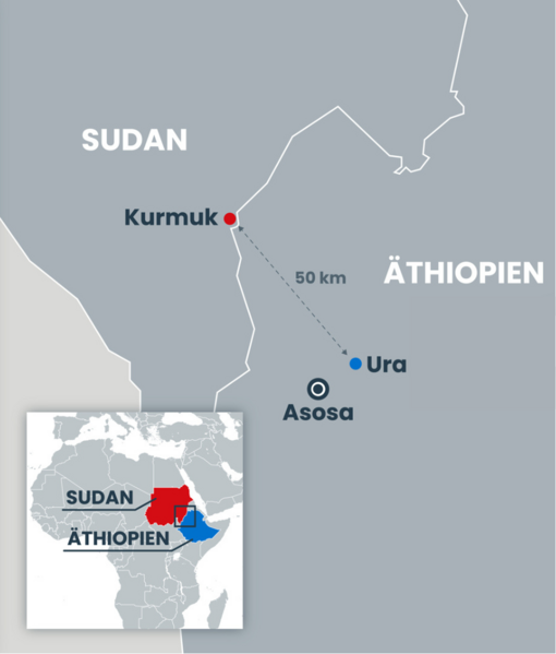 Auf einer Landkarte wird die Lage von Kurmuk an der Grenze zu Sudan gezeigt