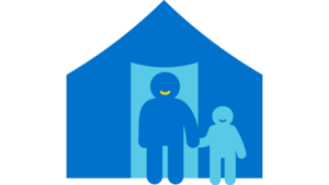 Icon einer Person mit einem Kind an der Hand, die vor einem Zelt stehen.