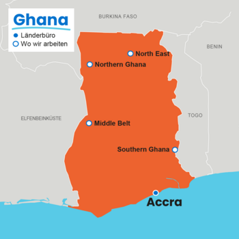 Karte von Ghana mit Projektregionen von Plan International: Accra (Länderbüro), North East, Northern Ghana, Middle Belt und Southern Ghana.