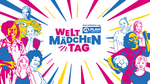 Auf der Grafik sind in Blau, Magenta und Gelb mehrere Mädchen und junge Frauen verschiedener Herkunft gezeichnet. In der Mitte steht "Weltmädchentag. Eine Initiative von Plan International".