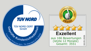 Links ist ein rundes TÜV NORD CERT-Siegel mit der Aufschrift „Geprüfte Kundenzufriedenheit“ zu sehen. Rechts befindet sich das eKomi-Kundenauszeichnungssiegel mit einem grünen Daumen und fünf goldenen Sternen. Darunter steht „Exzellent“ und die Information: „aus 166 Bewertungen (letzte 12 Monate), Gesamt: 3551; 18.05.2026“.