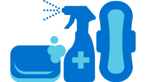 Icon einer Seife, eines Hygienesprays und einer Damenbinde.